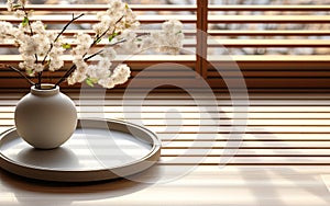 Round wood table counter podium gray vase white bouquet flower on book on traditional Japanese tatami mat floor shoji window in