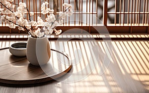 Round wood table counter podium gray vase white bouquet flower on book on traditional Japanese tatami mat floor shoji window in