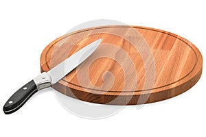 Round wooden cutting board and metal knife on a white background