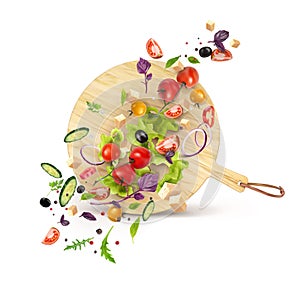 Round wooden cutting board with vegetable salad splash. Vector 3d realistic illustration