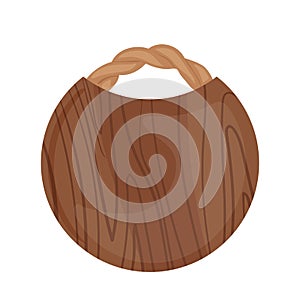 Round wooden cutting board with woven handle vector illustration isolated on white background