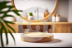 Round wooden podium on wooden table over blurred bathroom background for product placement. Generative ai