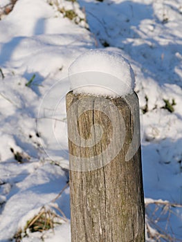 Round wooden posts of a wooden fence covered with snow hoods