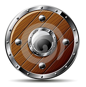 Round wooden shield - isolated on