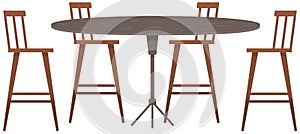 Round wooden table and four chairs. Kitchen or dining room furniture element for interior