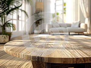 a round wooden table in a modern cozy living room