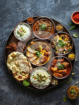 A round wooden tray filled with a variety of colorful Indian dishes. The dishes are arranged in a circle. In the center