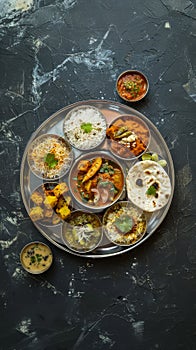 A round wooden tray filled with a variety of colorful Indian dishes. The dishes are arranged in a circle. In the center