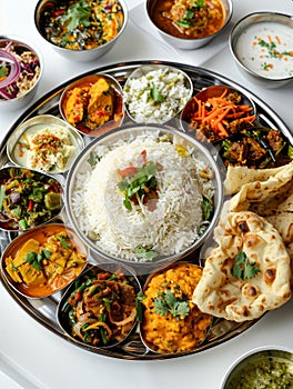 A round wooden tray filled with a variety of colorful Indian dishes. The dishes are arranged in a circle. In the center