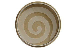 Round wooden tray, top view. Isolated object on white background
