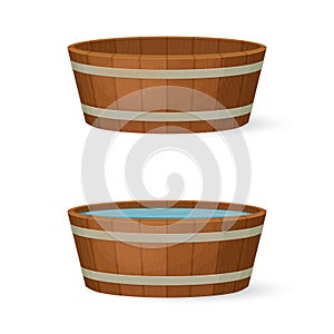 Round wooden tub with and without water. Cartoon style illustration. Vector