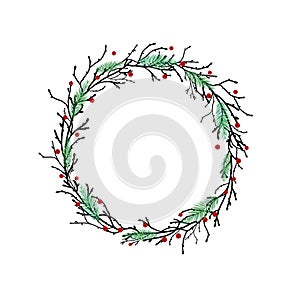Round Wreath with black branches, fir tree twigs and red berries. winter holiday garland