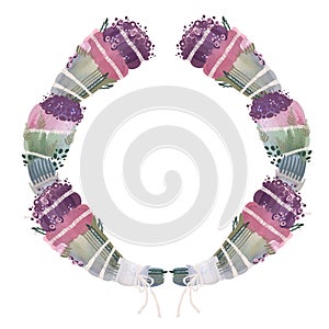 Round wreath of bunches of dry herbs for fumigation. Decor for herbology. Set of watercolor elements on a white background.
