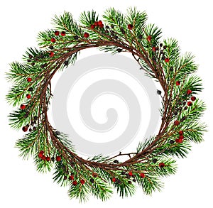 Round wreath from dry twigs and Christmas tree branches with black and red berries