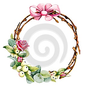 Round wreath with eucalyptus leaves, mistletoe berries, willow twigs, roses, bow, ribbon. Watercolor illustration