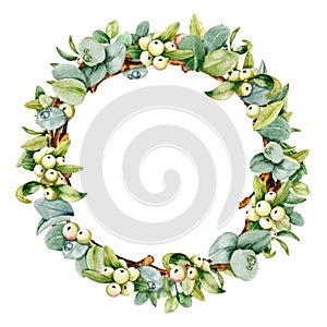 Round wreath with eucalyptus leaves, mistletoe berries, willow twigs. Watercolor illustration isolated on white