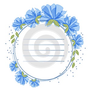 Round wreath, frame of delicate blue flowers and lines for text. Design for wedding invitation, greeting card happy birthday