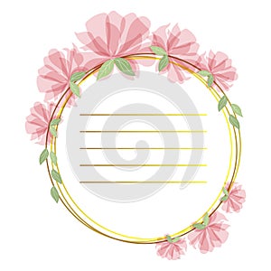 Round wreath, frame of delicate pink flowers and lines for text. Design for wedding invitation, greeting card happy birthday