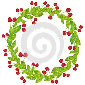 Round wreath with green leaves and red cherry Fresh juicy berries isolated on white background. Vector