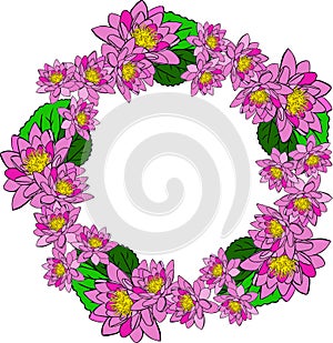 Round wreath with pink water lotus and green leaves