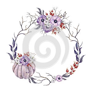 Round wreath with purple pumpkin and purpule anemone , rosehip berries, dusk violet leaves and tree branches. Autumn