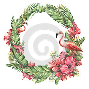 Round wreath with tropical leaves, red hibiscus flowers, pink flamingos. Watercolor illustration. The frame is made of a