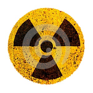 Nuclear Round yellow black radioactive ionizing radiation nuclear alert danger symbol rusty metal. Radiation nuclear energy symbol photo