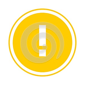 Round yellow exclamation point icon, button. Flat attention symbol isolated on white background.
