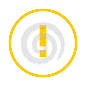 Round yellow exclamation point line icon, button, attention symbol isolated on a white background.