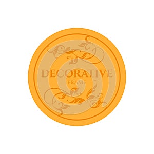 Round yellow label. Decorative floral frame