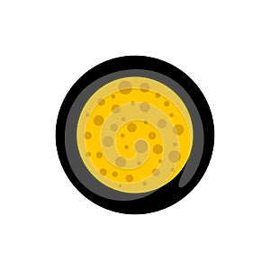 A round yellow piece of cheese with holes in a round black icon. Top view. Vector illustration. Clipart and drawing.