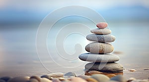 Round zen stones for meditation and concentration on the blurred beach background with copy space. Calm mood wallpaper