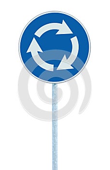 Roundabout crossroad road traffic sign isolated, blue, white arrows pointing left hand, large detailed closeup