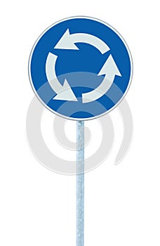 Roundabout crossroad road traffic sign isolated blue, white arrows, right hand traffic, large detailed closeup