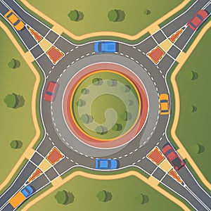 Roundabout road with car. Crossing of highways by type of ring intersection.