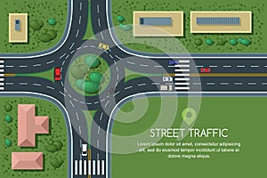 Vector flat illustration of roundabout road junction and city transport. City road, cars, crosswalk top view. photo