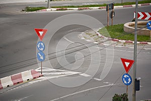 Roundabout with road markings and road signs in Constanta