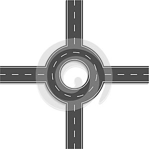 Roundabout road. Round crossroad. Circle junction. Asphalt street top view. Round highway for traffic, constructor and roadway.