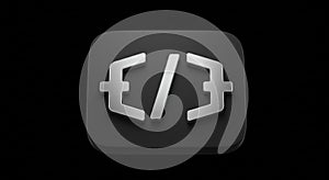 A rounded black rectangle features a 3D silver icon depicting open and close curly