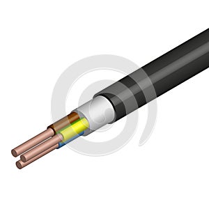 Rounded cable with three insulated copper conductors, vector illustration