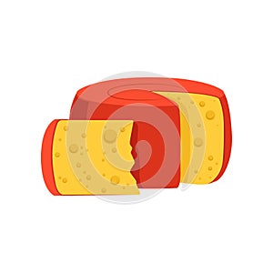 Rounded cylinder Holland Edam cheese covered with red wax. Gourmet food. Dairy product. Flat vector design for