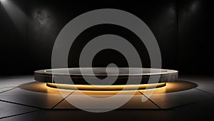 rounded golden circular table 3dmodel in dark interior, in the style of futuristic.