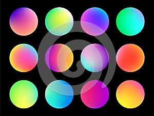 Rounded holographic gradient sphere button. Multicolor fluid circle gradients, colorful soft round buttons or vivid