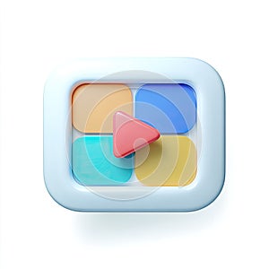 3D Play Button with Colorful Content Grid Icon