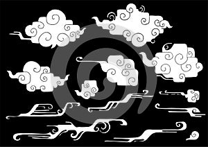 Rounded right angle oriental cloud or Japanese cloud or Chinese cloud and wind  element set