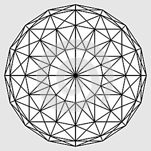 Rounded shape with triangles grid segments. Polygon mesh sphere, sacred geometry. Mandala circle ornament. Vector