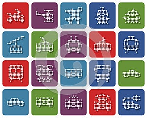 Rounded square dotted icons set of some transport facilities