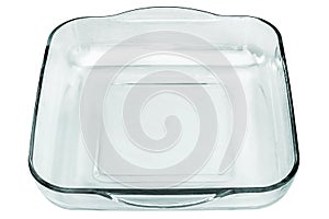 Rounded Square Glass Casserole Baking Pan With Curved Handles Isolated On White Background