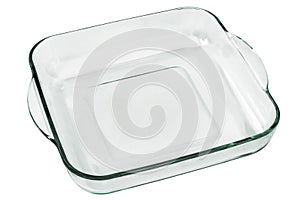 Rounded Square Glass Casserole Baking Pan With Curved Handles Isolated On White Background