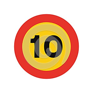 Rounded traffic signal in yellow and red, isolated on white background. Temporary speed limit of ten